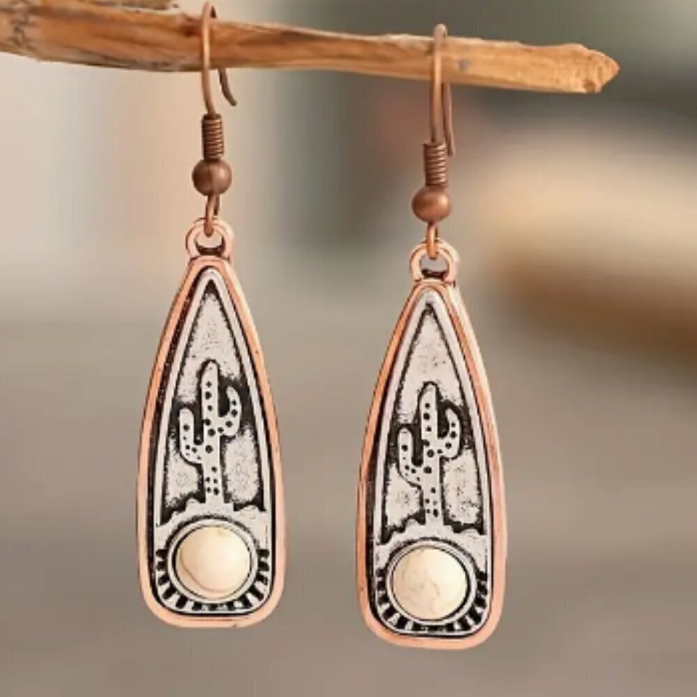 Western Cactus Howlite Drop Earrings, Rustic Southwestern Style antique finish